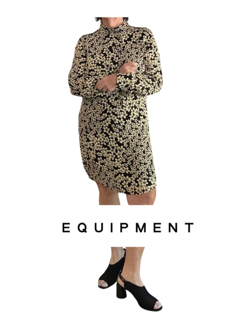 Equipment Silk Yellow and Black Floral Mini Silk Shirt Dress Size Medium